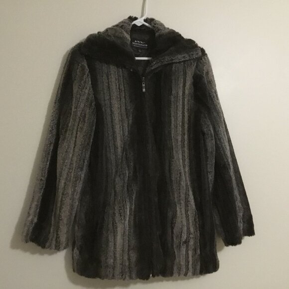 Montanaco faux fur jacket, gray & dk brown stripes, extra soft, women small - Picture 1 of 9